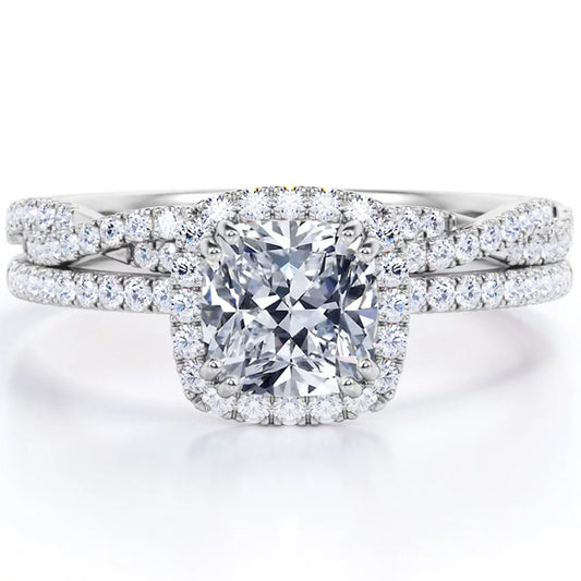 1.5 Carat Cushion Cut Moissanite and Diamond Halo Wedding Ring Set in 10K White Gold