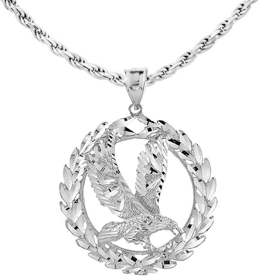 .925 Sterling Silver 2-1/3" Patriotic USA American Eagle with Olive Wreath Peace round Pendant Necklace - Choice of Chain Length