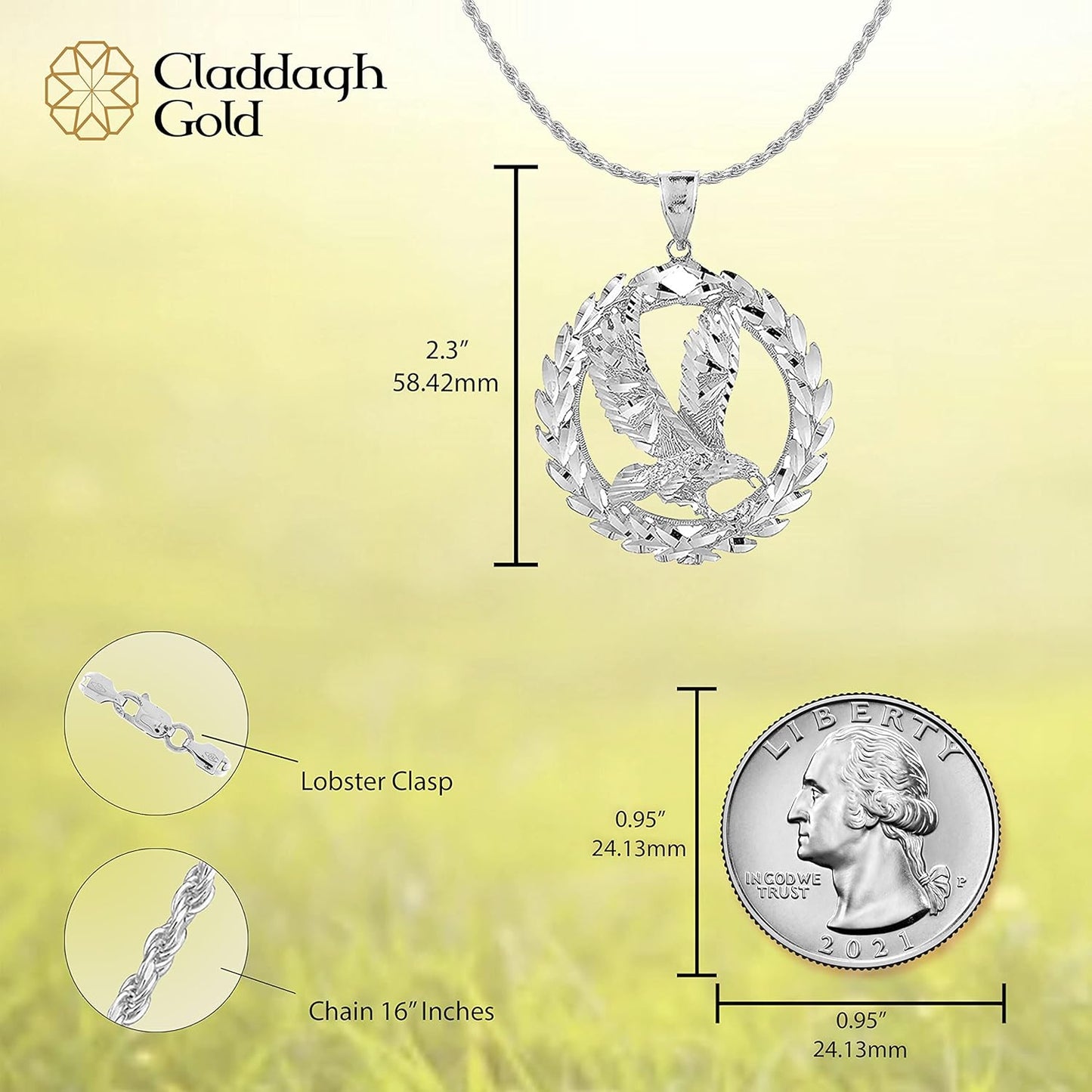 .925 Sterling Silver 2-1/3" Patriotic USA American Eagle with Olive Wreath Peace round Pendant Necklace - Choice of Chain Length