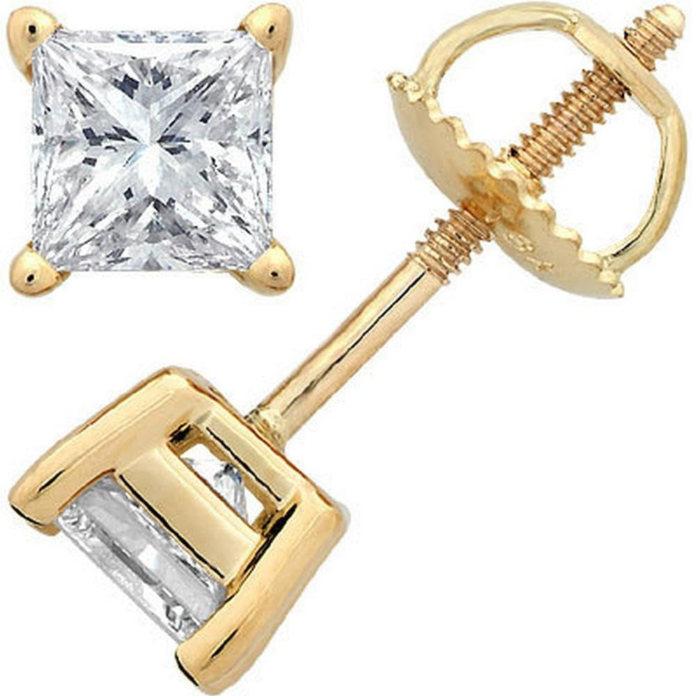 Stunning 1 Carat Princess Cut Diamond Stud Earrings - I-J Color, VS1-VS2 Clarity, Secure 4 Prong Screw Back