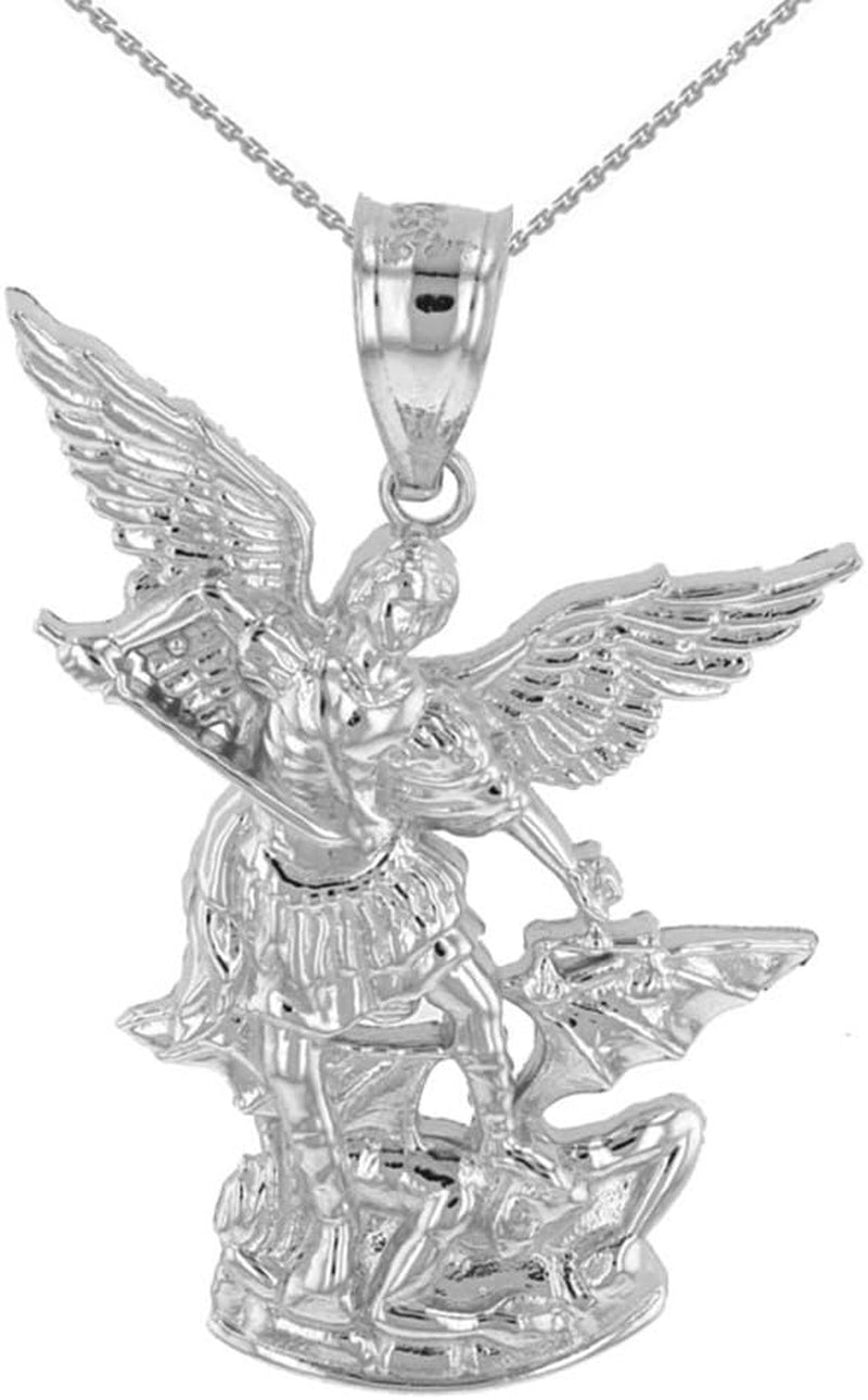 14K White Gold Catholic Saint Michael the Archangel Pendant Necklace (1.35")