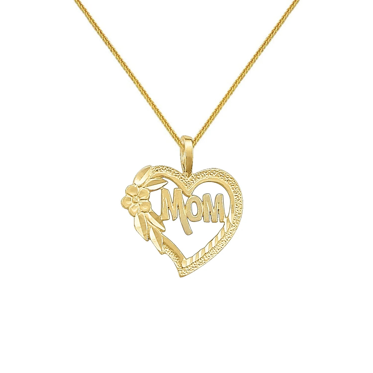 14K Yellow Gold 'Mom' Floral Heart Pendant with Square Wheat Chain