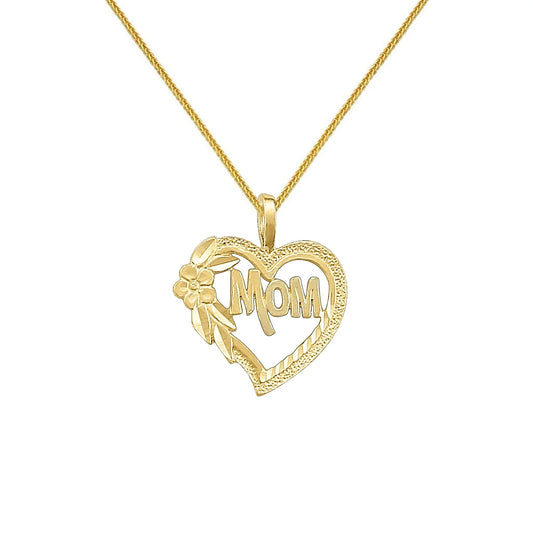 14K Yellow Gold 'Mom' Floral Heart Pendant with Square Wheat Chain