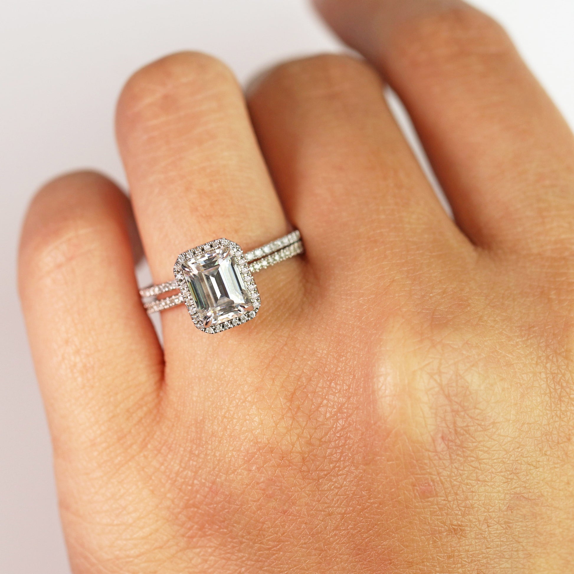 2 Carat Emerald Cut Moissanite and Diamond Halo Pave Bridal Wedding Ring Set in 10K White Gold