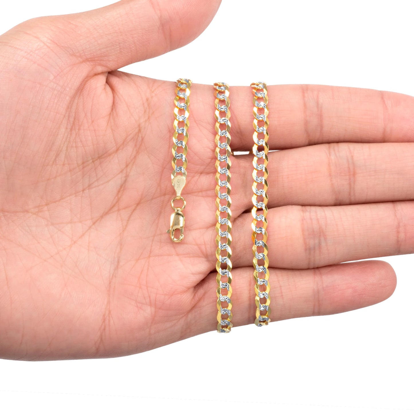 14K Real Yellow Gold Solid Cuban Curb Link 5Mm Diamond Cut Pave Chain Necklace (16"-30") Two Tone Italian Jewelry for Men & Women