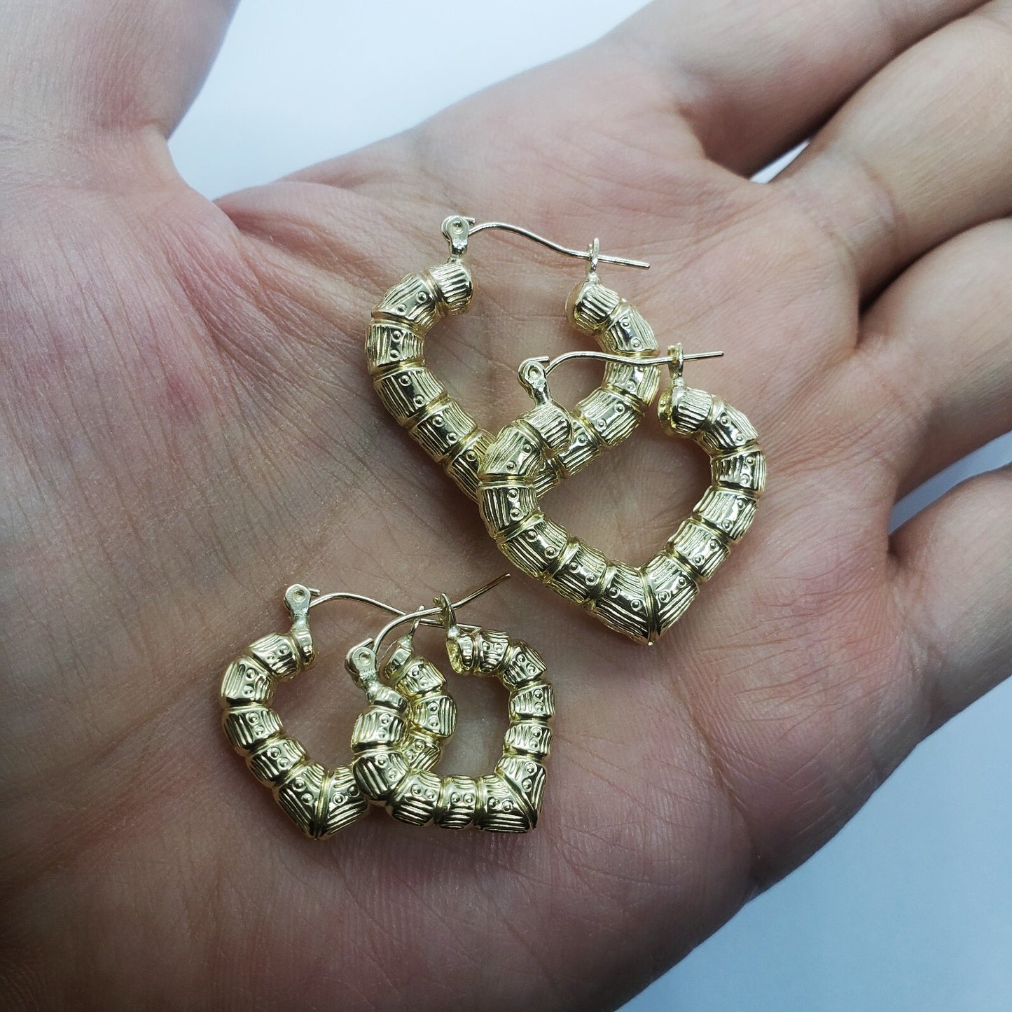 Stunning 10K Yellow Gold Heart Bamboo Hoop Earrings - Available in Two Elegant Sizes