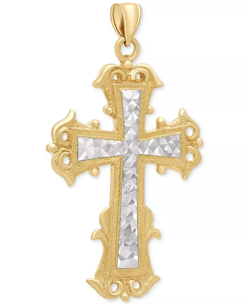 Exquisite Men's Two-Tone Textured Inlay Cross Pendant Crafted in 14K Gold
