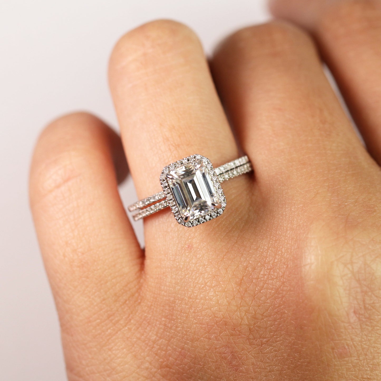 2 Carat Emerald Cut Moissanite and Diamond Halo Pave Bridal Wedding Ring Set in 10K White Gold