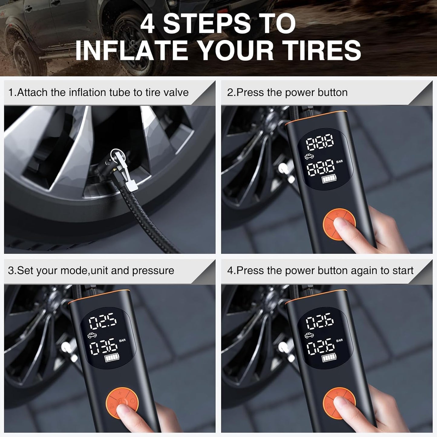 Get back on the road in no time with our Portable Tire Inflator! 💨 3X faster inflation, 160PSI power, and a sleek design for your car, motorcycle, and bike. 🏍️🚴‍♂️ Plus, it comes with a digital screen and carrying case! #TireInflator #RoadTripEssentials