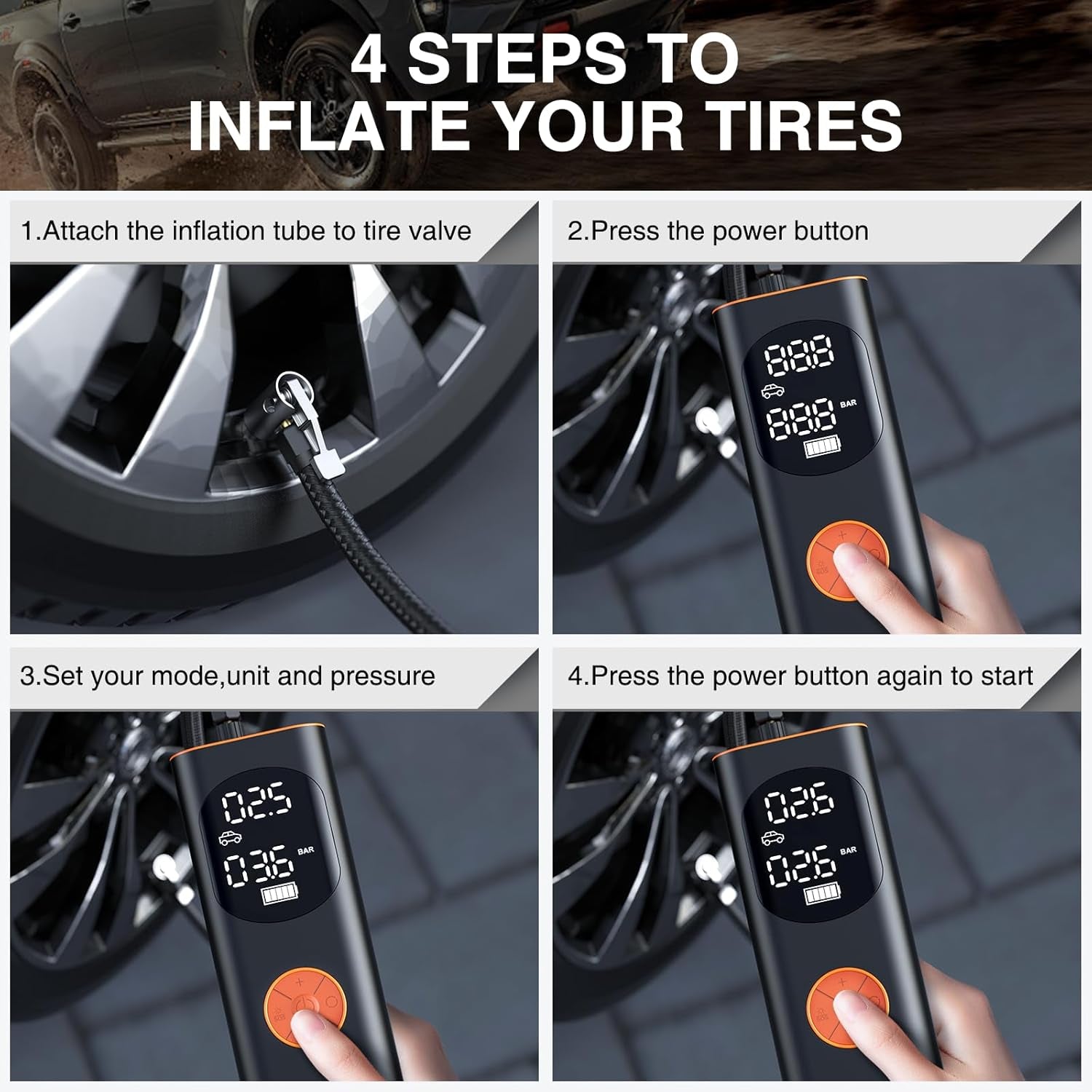 Get back on the road in no time with our Portable Tire Inflator! 💨 3X faster inflation, 160PSI power, and a sleek design for your car, motorcycle, and bike. 🏍️🚴‍♂️ Plus, it comes with a digital screen and carrying case! #TireInflator #RoadTripEssentials