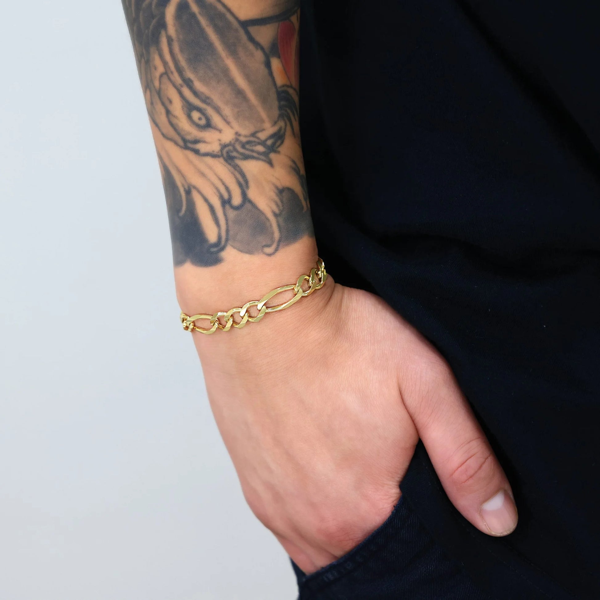 Elevate Your Style with Our 14K Solid Yellow Gold Figaro Link Bracelet for Men - 8mm Thick, Italian Craftsmanship