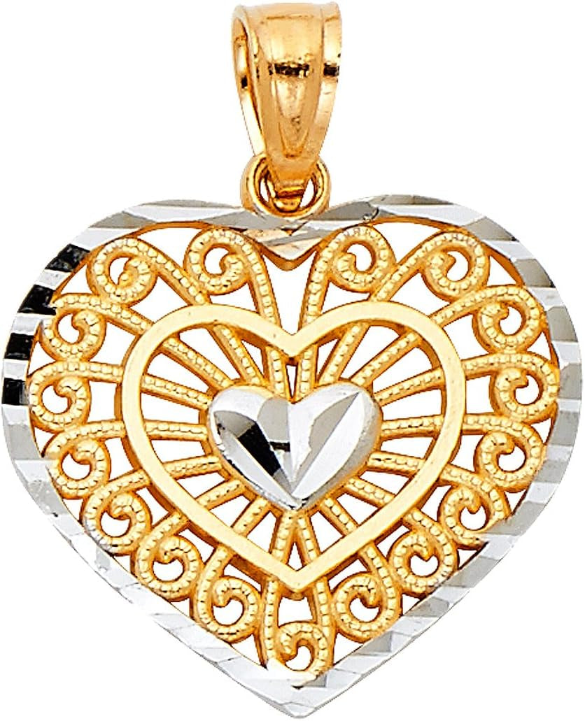 14K Real Gold Two Tone Heart Shaped Charm Pendant
