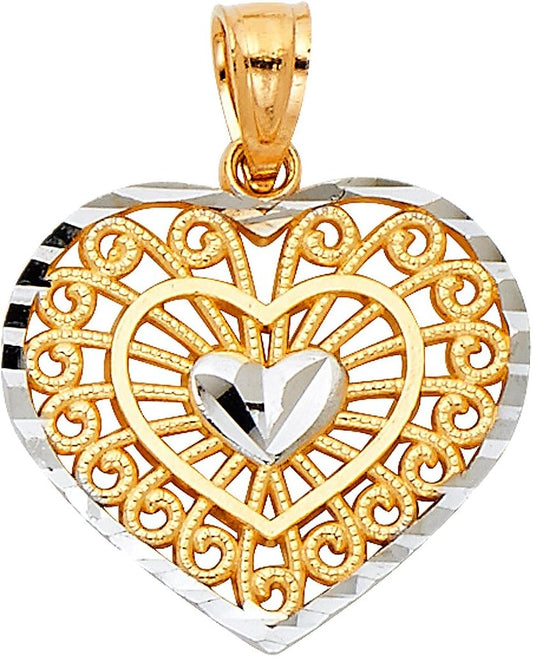 14K Real Gold Two Tone Heart Shaped Charm Pendant