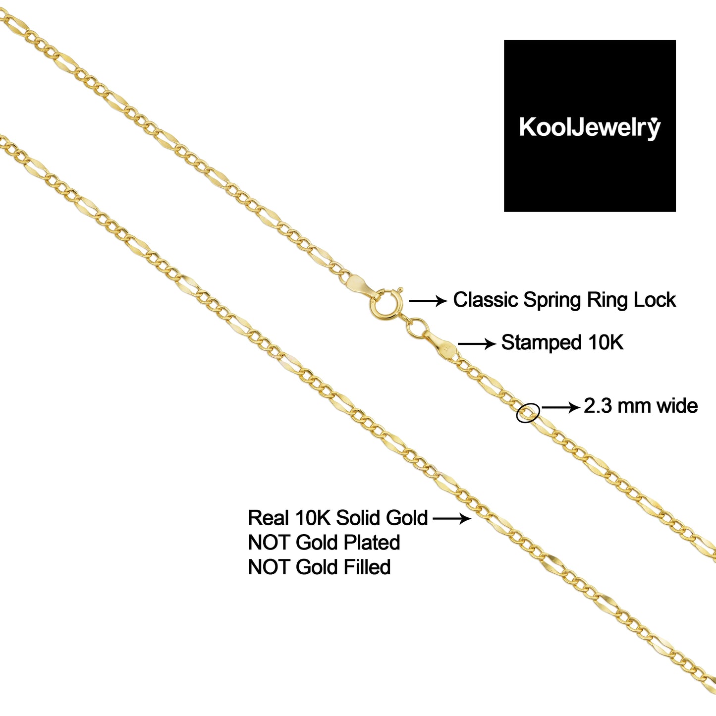 Kooljewelry 10K Solid Yellow Gold Figaro Link Chain Necklace (2.3 Mm, 18 Inch)