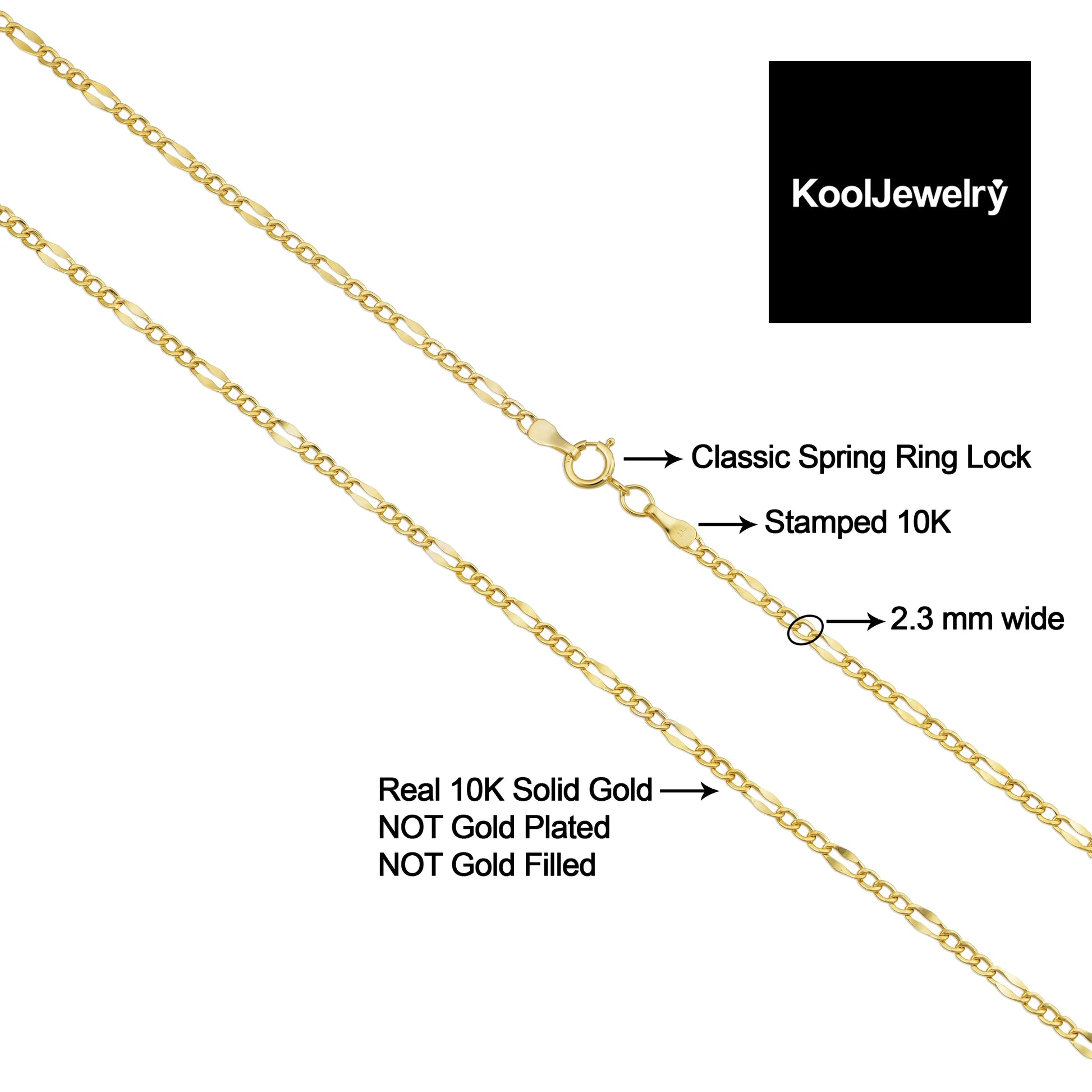 Kooljewelry 10K Solid Yellow Gold Figaro Link Chain Necklace (2.3 Mm, 18 Inch)