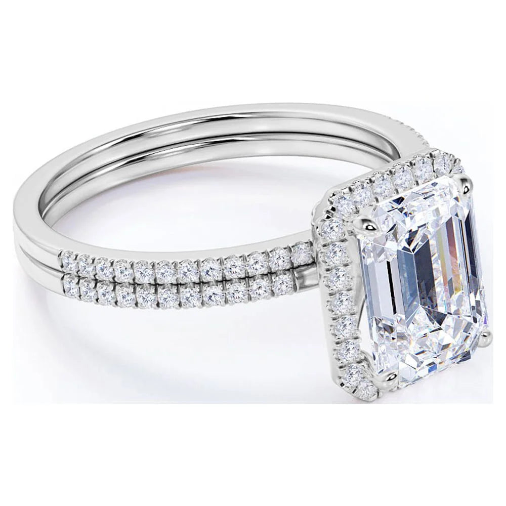 2 Carat Emerald Cut Moissanite and Diamond Halo Pave Bridal Wedding Ring Set in 10K White Gold
