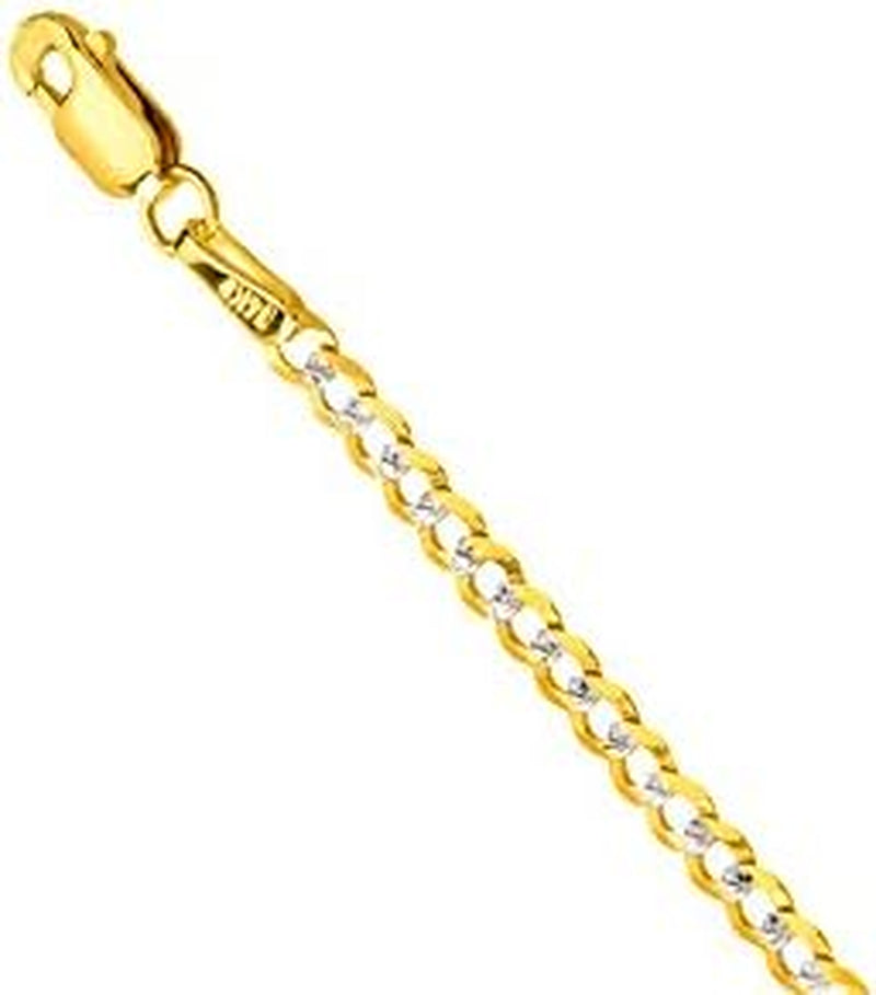 Solid 14K Yellow Gold 2.5Mm Two Tone Pave Cuban Concave Link Chain Necklace with Lobster Claw Clasp