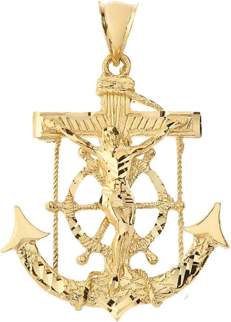 14K Yellow Gold Nautical Mariner's Crucifix Anchor Cross Pendant Charm – Elegant Religious Jewelry for Sailors and Boaters