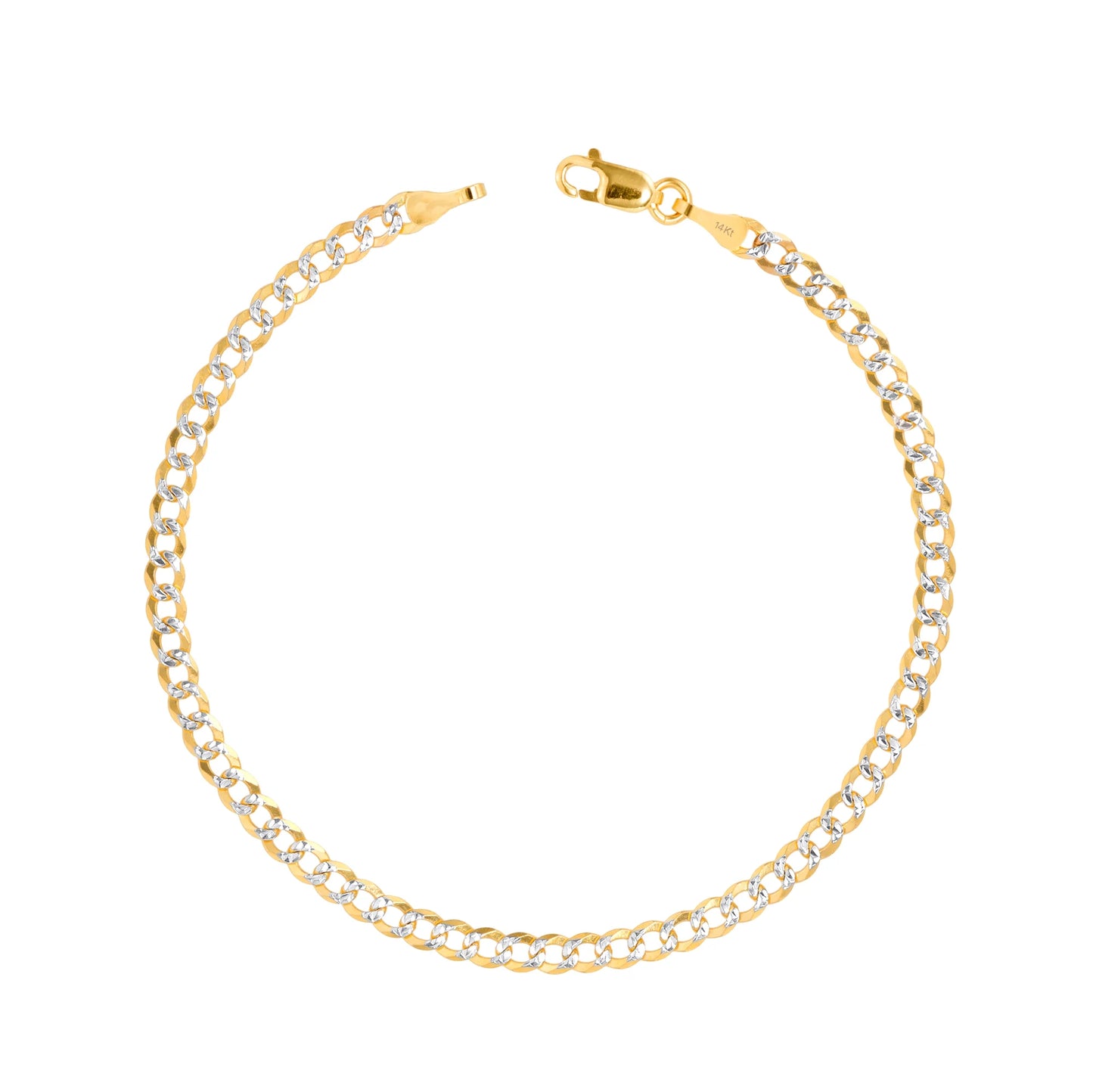 14K Real Yellow Gold Solid Cuban Curb Link 4Mm Diamond Cut Pave Chain Bracelet (7"-9") Two Tone Italian Jewelry for Men & Women