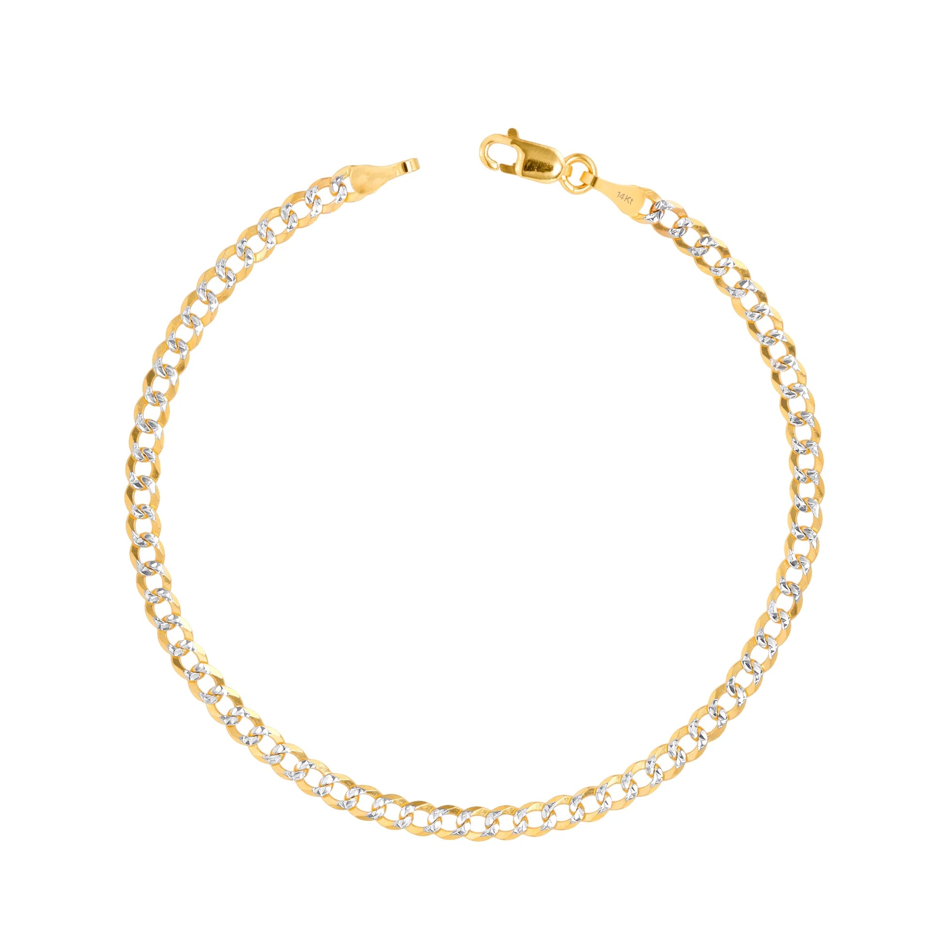 14K Real Yellow Gold Solid Cuban Curb Link 4Mm Diamond Cut Pave Chain Bracelet (7"-9") Two Tone Italian Jewelry for Men & Women