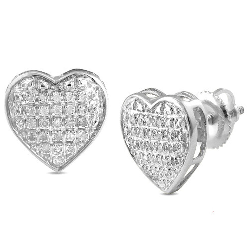 10K White Gold 0.15Ctw Real Diamond Cut Heart Dome Earrings