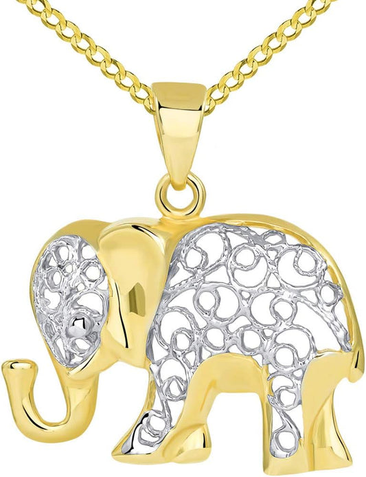 14K Yellow Gold Elegant Filigree Two Tone Elephant Pendant with Cable, Cuban Curb, or Figaro Chain Necklaces