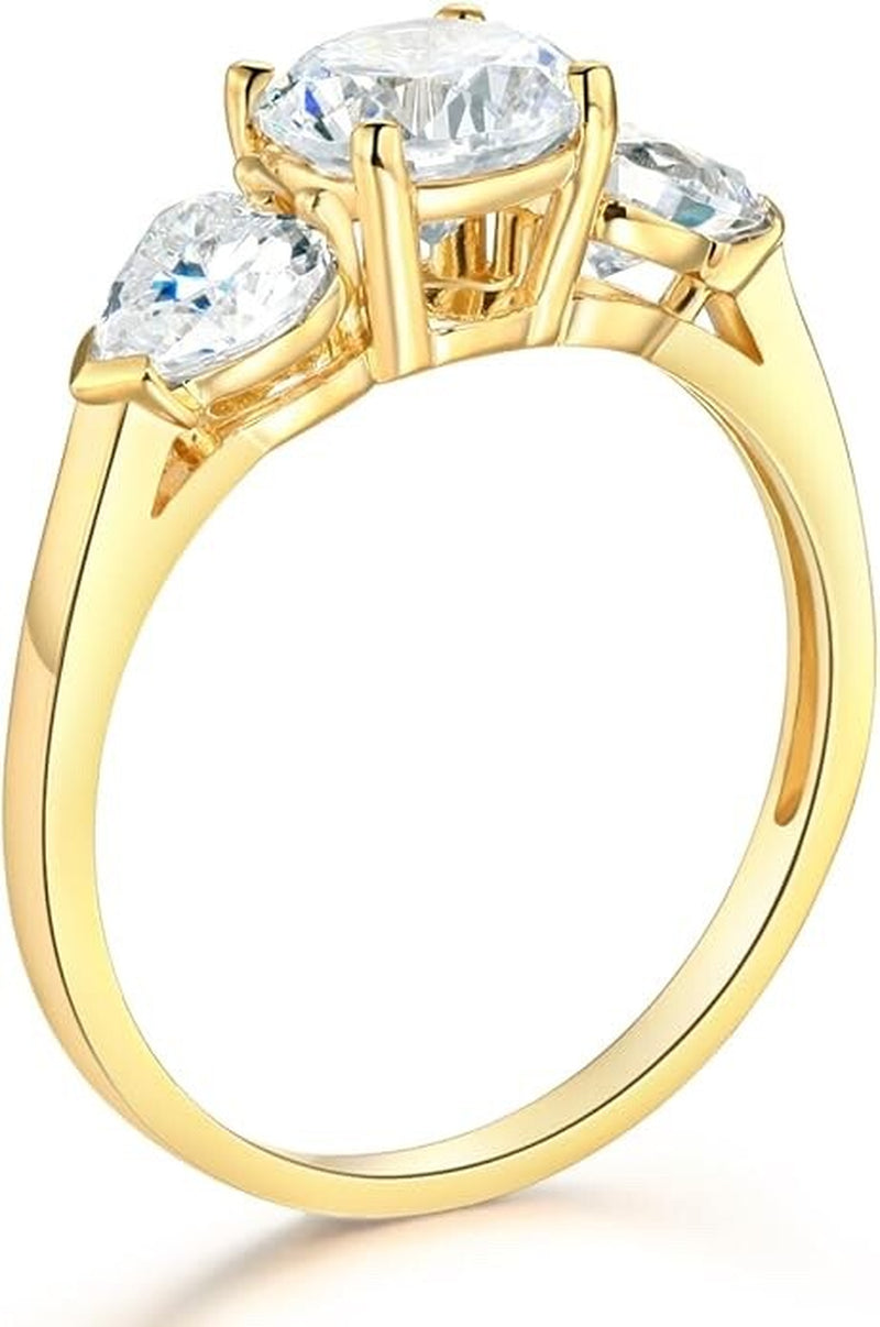 1.95 Ct round Heart 14K Real Yellow Gold Created Diamond 3-Stone Engagement Ring