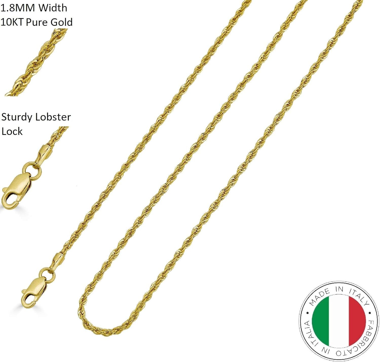 Dainty 10K Yellow Gold Diamond Cut Rope Chain Necklace - 1.8MM, Adjustable 16''-30'' for Men & Women