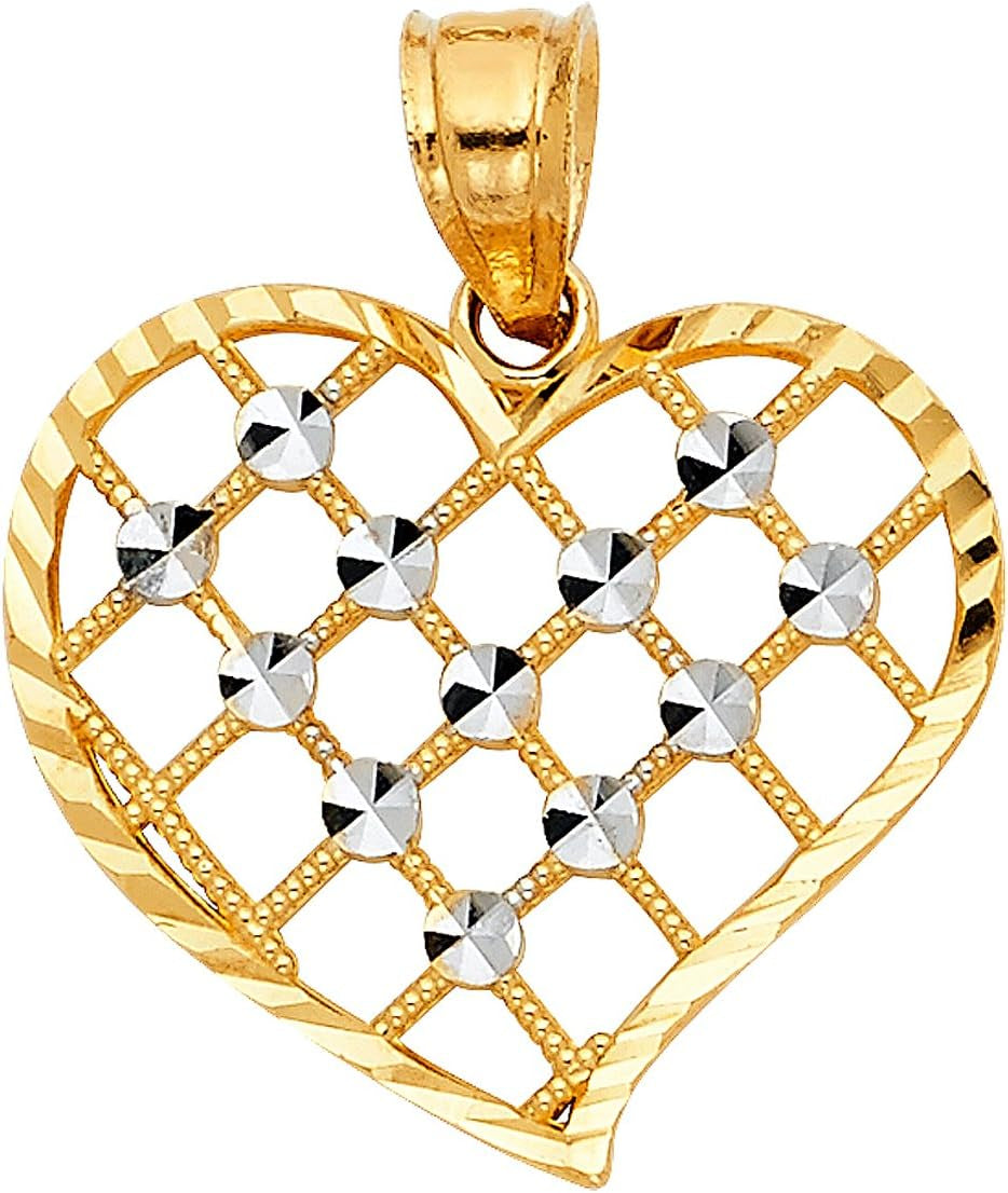 14K Real Gold Two Tone Heart Shaped Charm Pendant