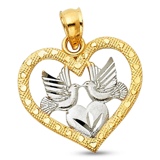 Heart Love Birds Pendant Solid 14K Yellow White Gold Charm Diamond Cut Religious Design 16 X 18 Mm
