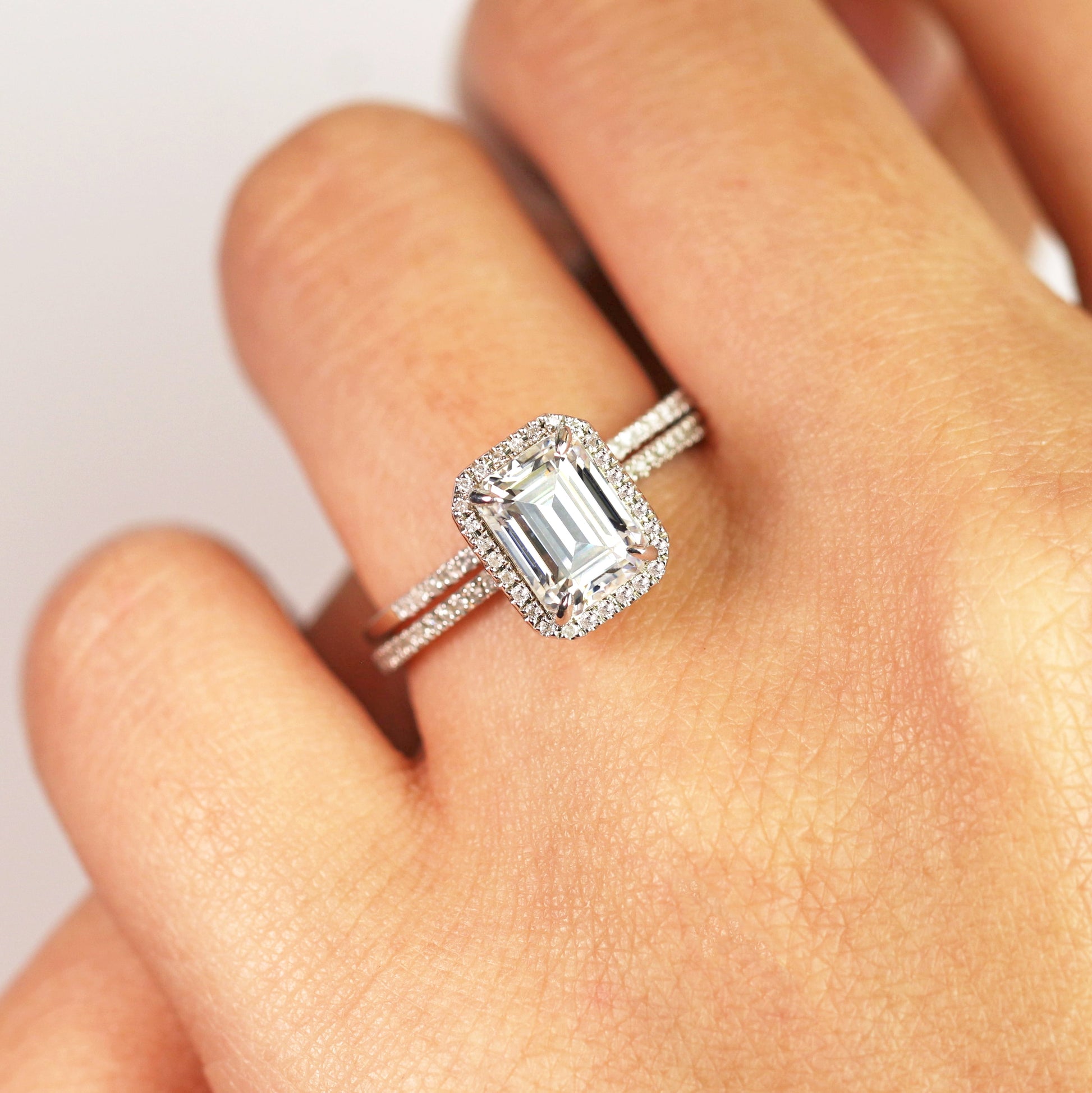 2 Carat Emerald Cut Moissanite and Diamond Halo Pave Bridal Wedding Ring Set in 10K White Gold