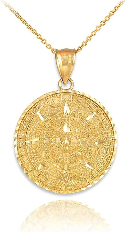Exquisite 14K Yellow Gold Aztec Mayan Calendar Charm Pendant Necklace with Rolo Chain - Customizable Lengths Available