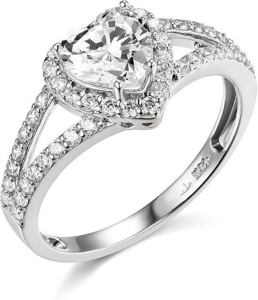 1.90 Ct Heart Halo Real 14K White Gold Simulated Diamond Engagement Wedding Ring