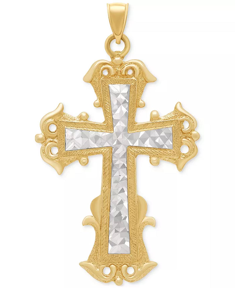 Exquisite Men's Two-Tone Textured Inlay Cross Pendant Crafted in 14K Gold