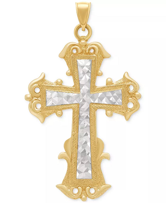 Exquisite Men's Two-Tone Textured Inlay Cross Pendant Crafted in 14K Gold