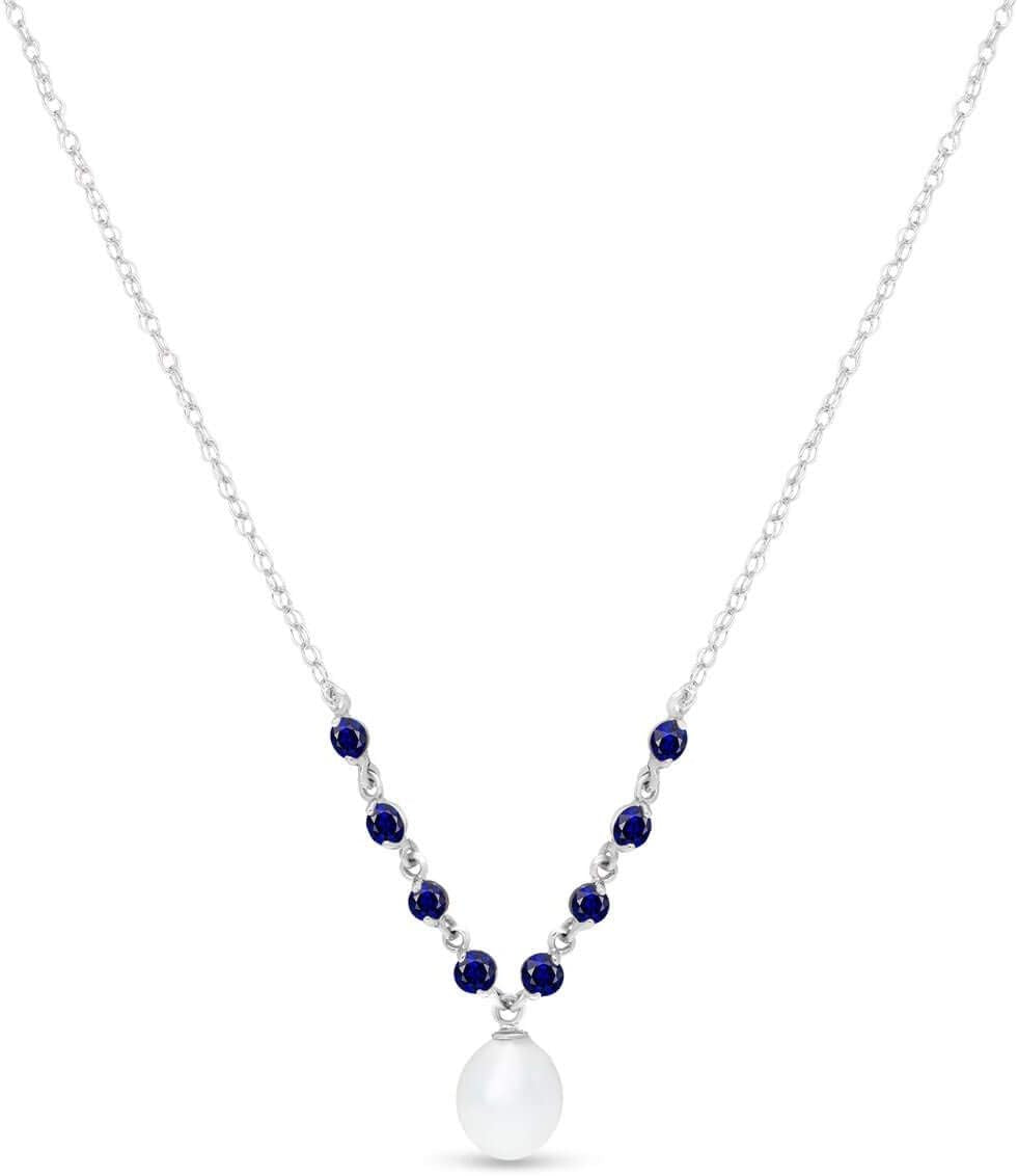 5 CTW 14K Solid White Gold Necklace with Natural Sapphires and Freshwater-Cultured Pearl