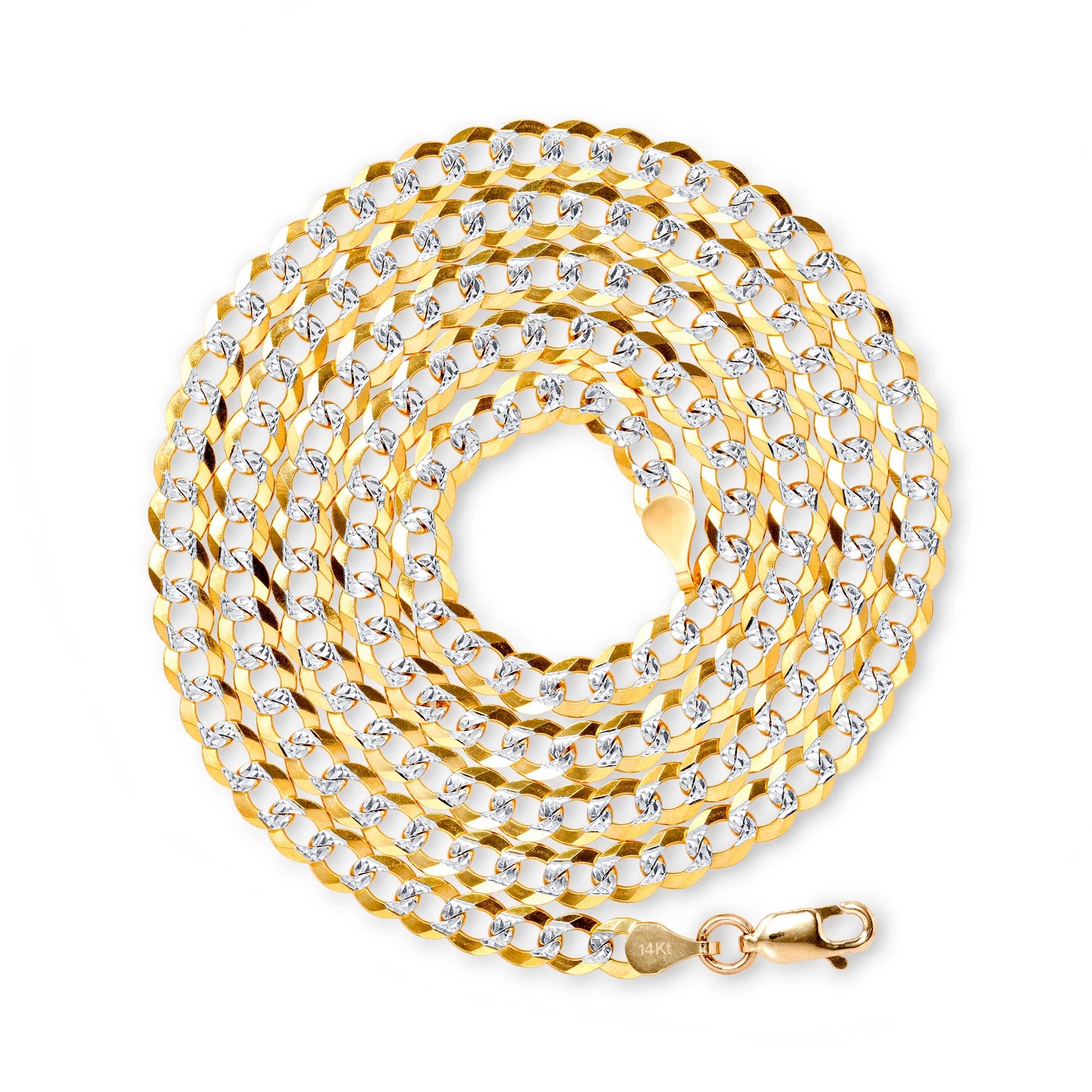 14K Real Yellow Gold Solid Cuban Curb Link 5Mm Diamond Cut Pave Chain Necklace (16"-30") Two Tone Italian Jewelry for Men & Women