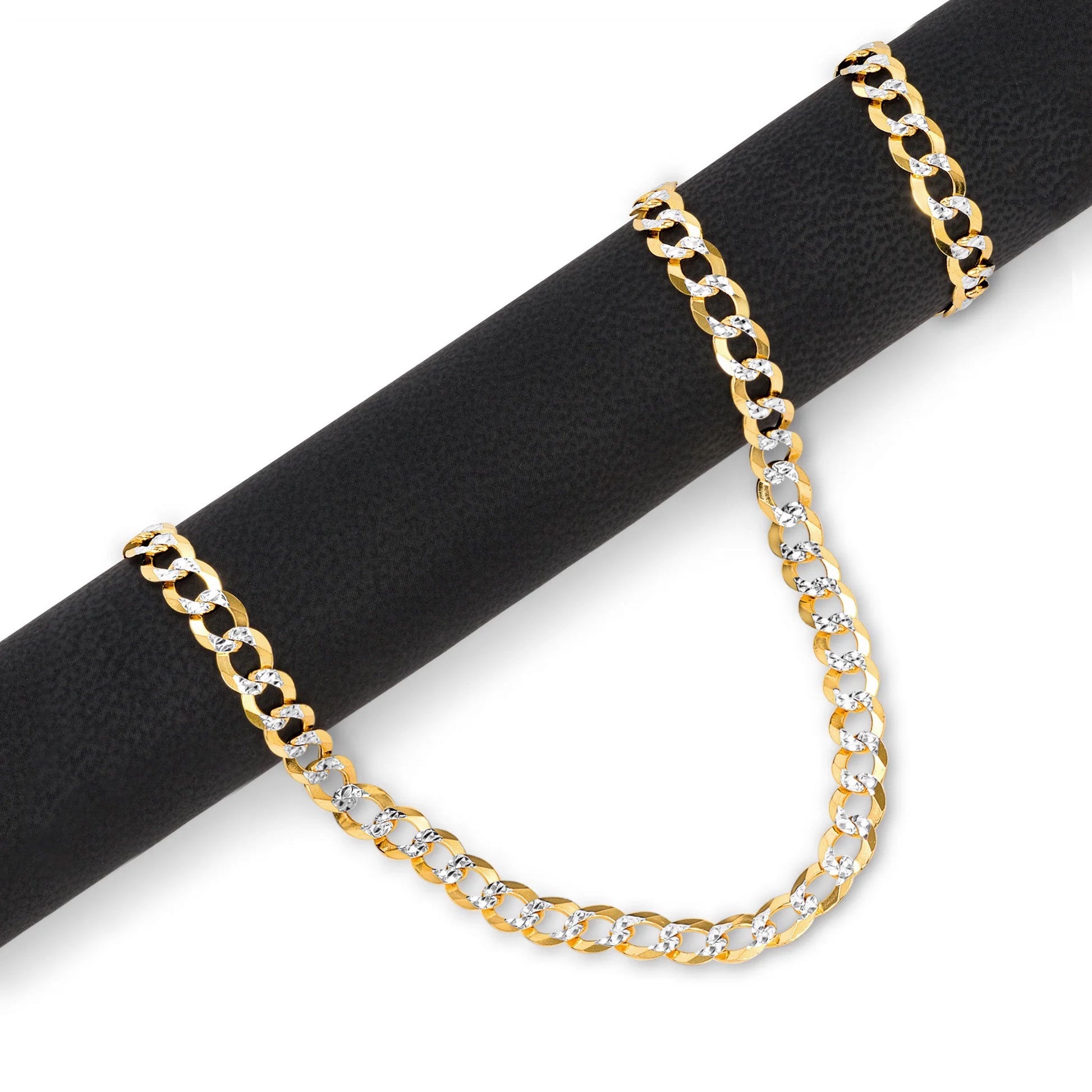 14K Real Yellow Gold Solid Cuban Curb Link 5Mm Diamond Cut Pave Chain Necklace (16"-30") Two Tone Italian Jewelry for Men & Women