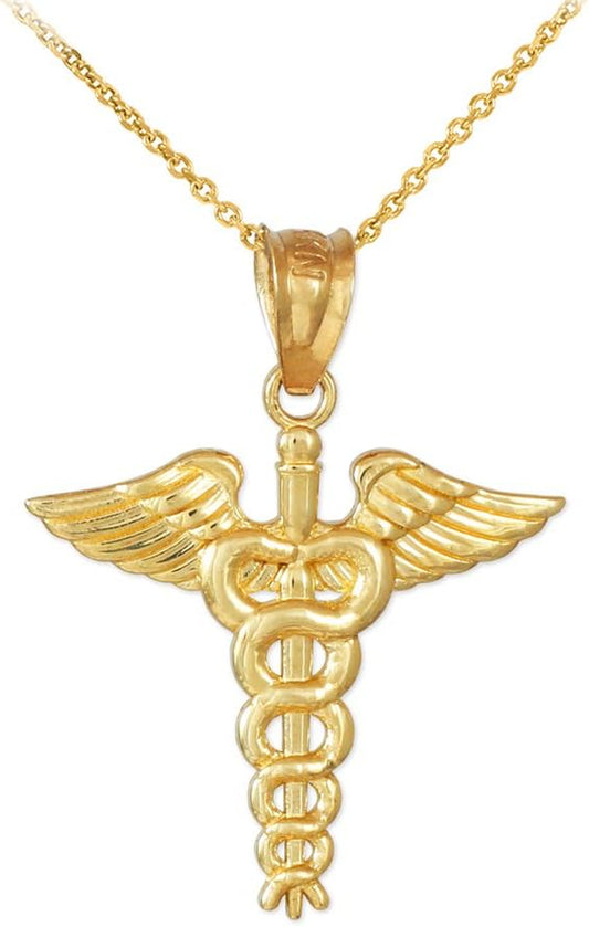 14K Gold Caduceus Charm Pendant Necklace