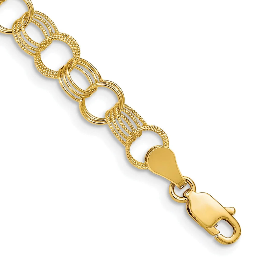 14 Karat Yellow Gold Solid Triple Link Charm Bracelet