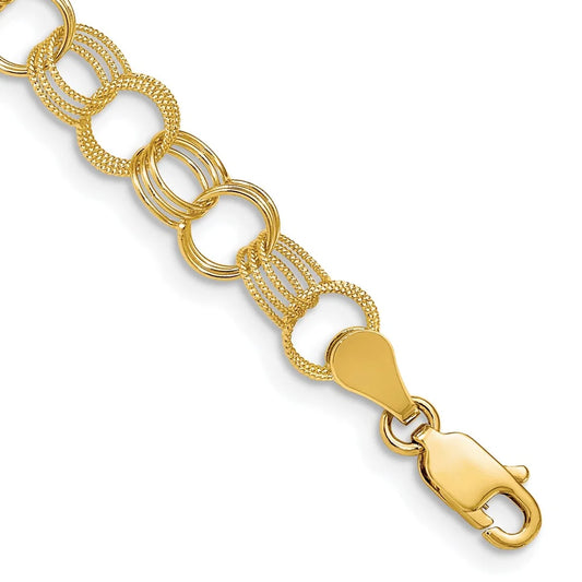 14 Karat Yellow Gold Solid Triple Link Charm Bracelet