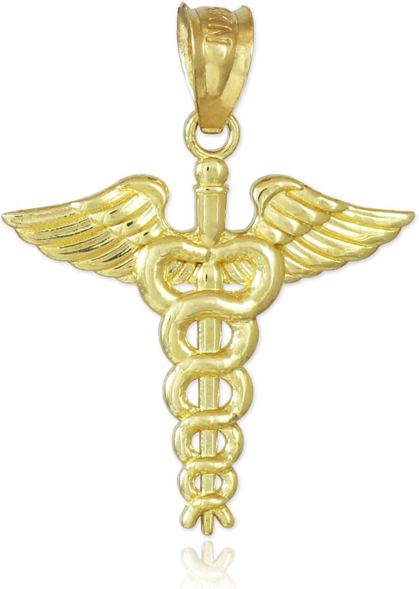 14K Gold Caduceus Charm Pendant Necklace