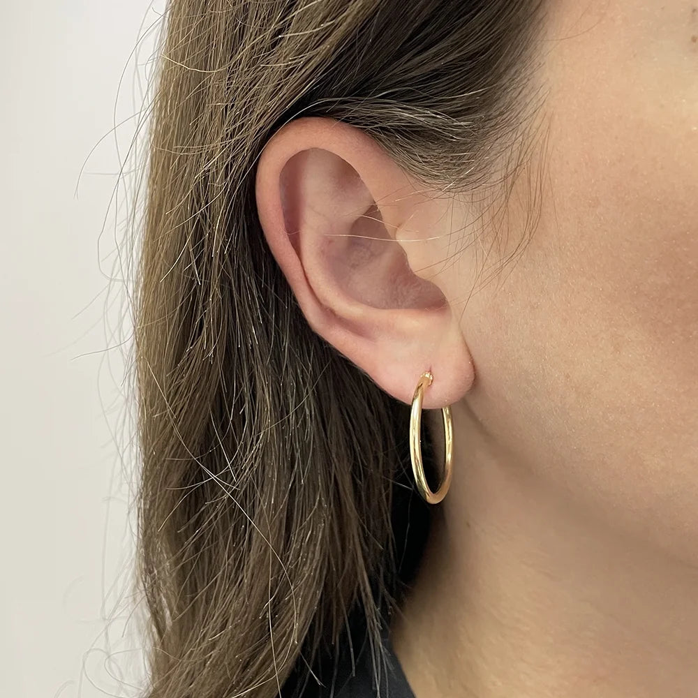 Collection REAL 14K Yellow Gold 1 Inch round Classic Hoop Earrings for Women
