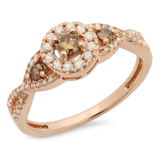 0.50 Carat (Ctw) 10K Gold round Champagne & White Diamond 3 Stone Halo Bridal Engagement Ring 1/2 CT