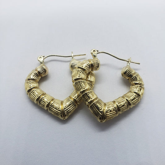 Stunning 10K Yellow Gold Heart Bamboo Hoop Earrings - Available in Two Elegant Sizes