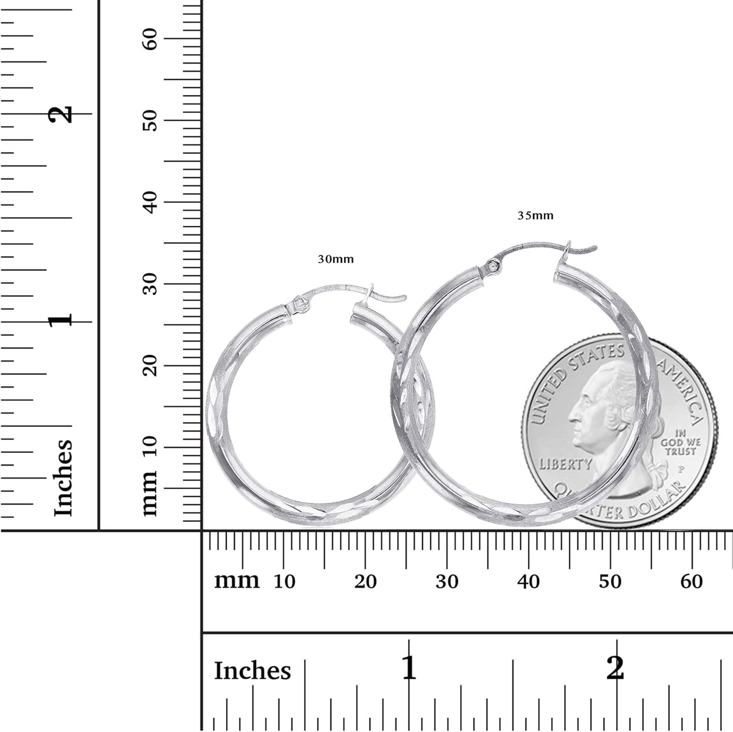 14K Yellow or White Gold 3Mm Solid Polished Diamond Cut Hoop Earrings for Women | 3Mm Thick Italian Gold Diamond Cut Hoops | Shiny Polished Earrings, 15Mm-90Mm