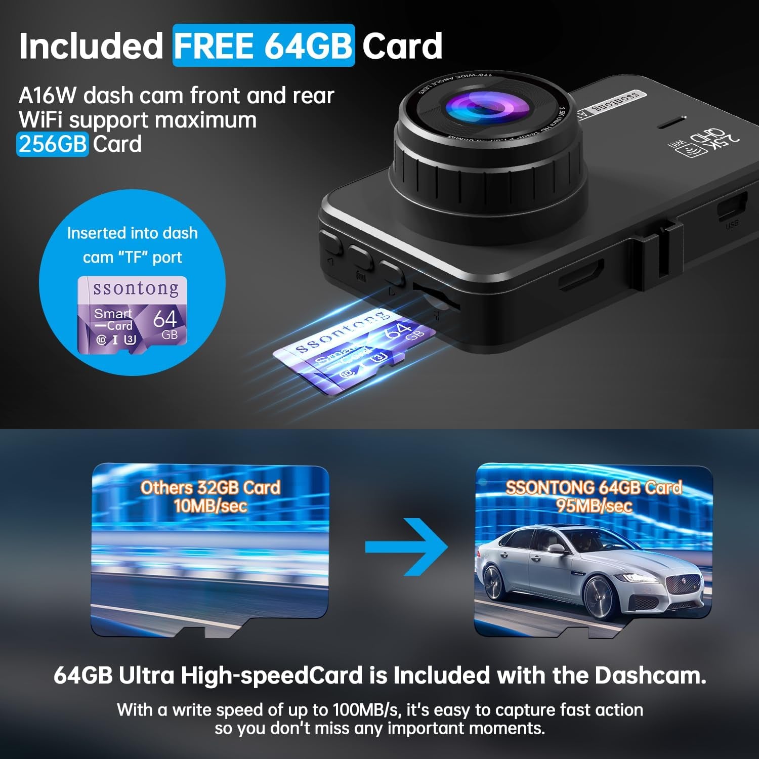 Capture Every Moment on the Road! 🚗💨 Dual Dash Cam with Front & Rear View, Super Night Vision, and WiFi Control + 64GB Card Included! 📸✨