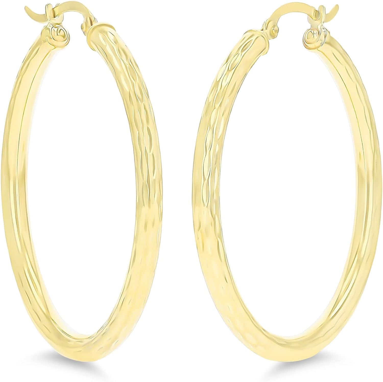 14K Yellow Gold Solid Polished 3Mm Thick Diamond Cut Hoop Earrings for Women | Classic Diamond Cut Italian Gold Hoops with Secure Click Top, 20Mm-60Mm