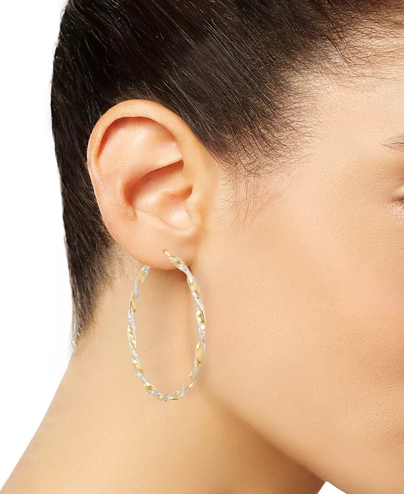 Two-Tone Twisted Hoop Earrings (45Mm) in 14K Yellow and White Gold- Plated Sterling Silver (Also in Sterling Silver)