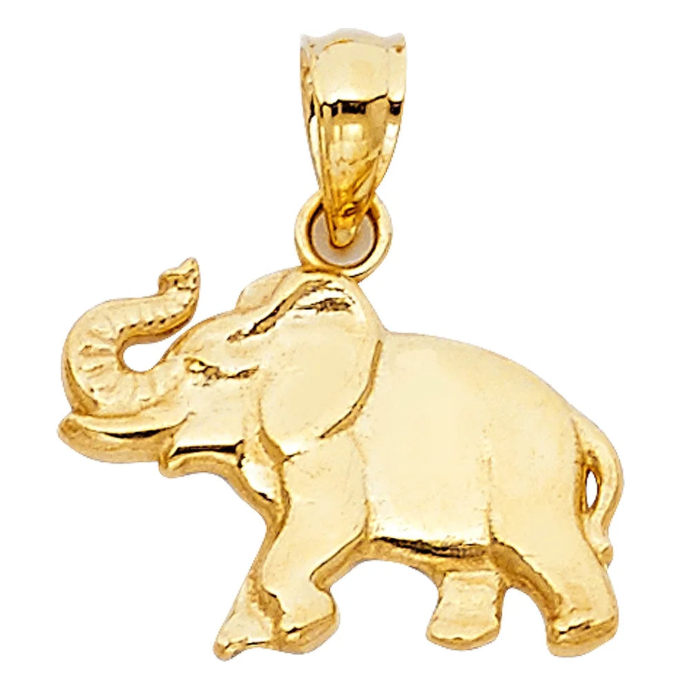 14K Yellow Gold Elephant Charm Pendant with 1.4Mm Flat Open Wheat Chain Necklace
